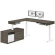 Bestar Pro-Vega L Shaped Adjustable Standing Desk with Credenza and Monitor Arms