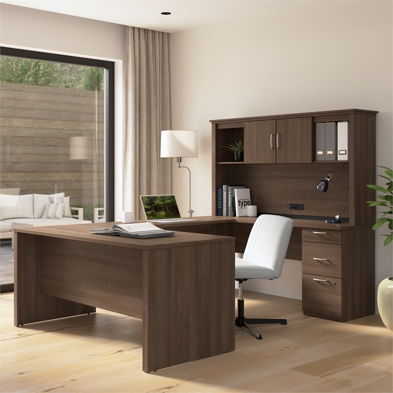 Logan U or L Shaped Desk with Hutch in Antigua - Engineered Wood