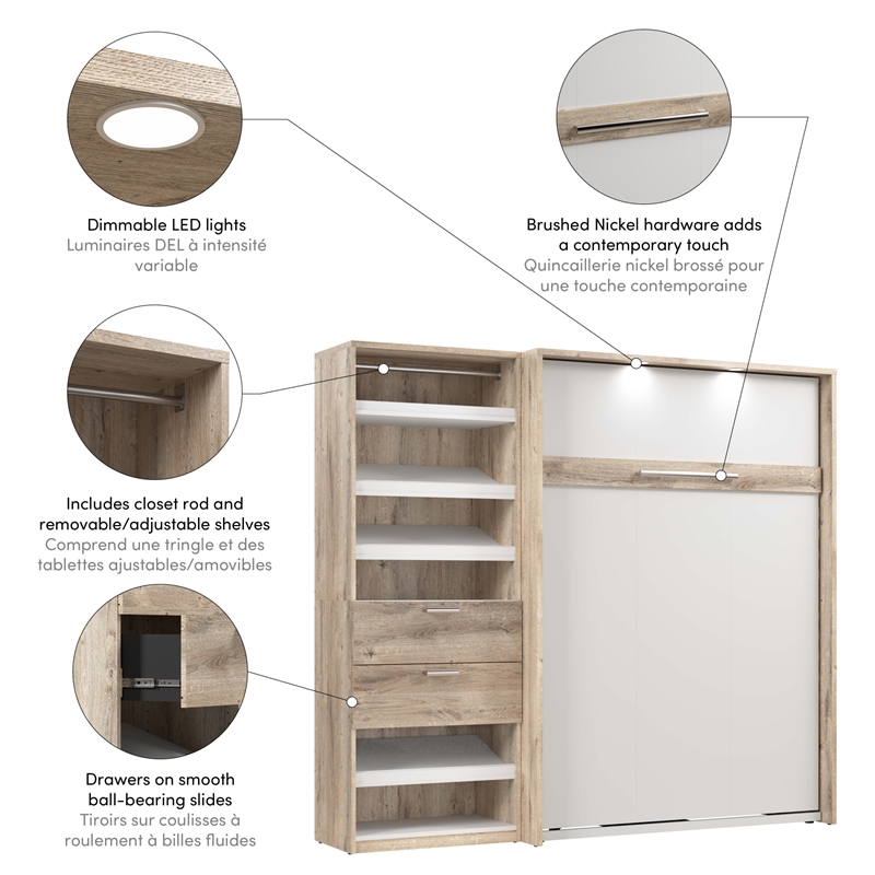 Cielo Full Murphy Bed with Closet Organizer in Brown/White - Engineered Wood