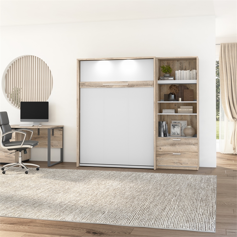 Cielo Full Murphy Bed with Closet Organizer in Brown/White - Engineered Wood