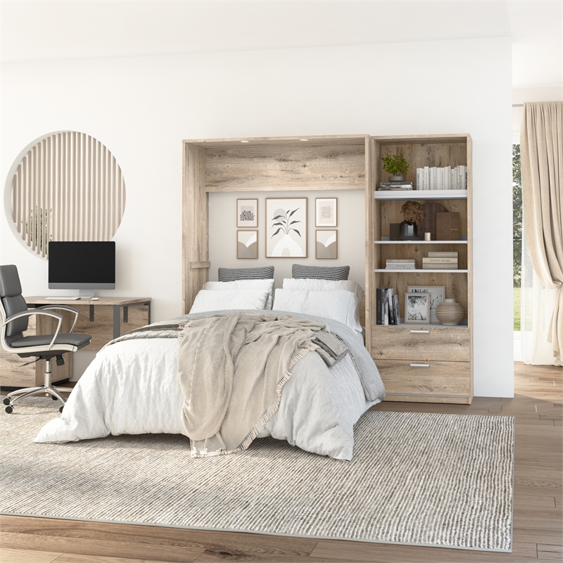 Cielo Full Murphy Bed with Closet Organizer in Brown/White - Engineered Wood