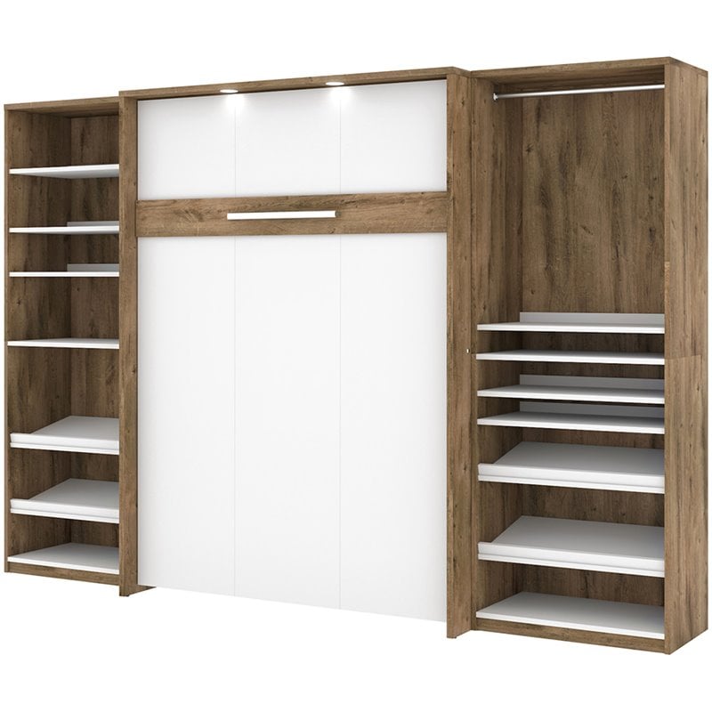 Bestar Cielo Classic 3-Piece Engineered Wood Full Wall Bed in Rustic Brown/White