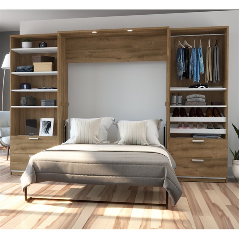 Bestar Cielo Premium 3 Piece Full Wall Bed in Rustic Brown and White