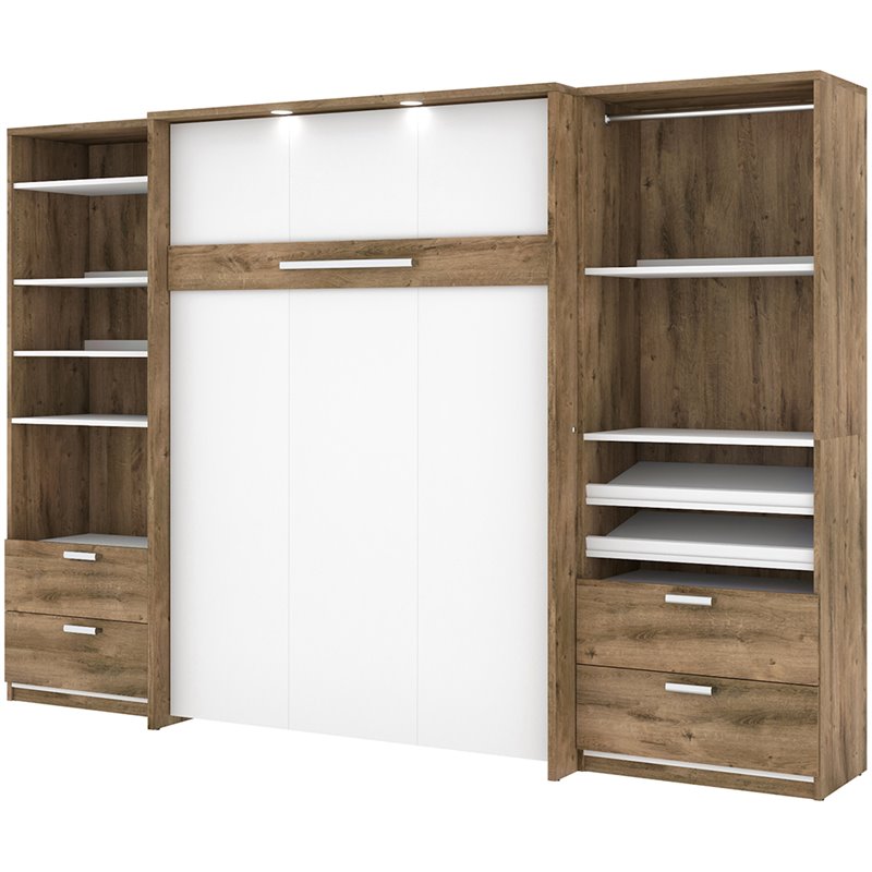 Bestar Cielo Premium 3 Piece Full Wall Bed in Rustic Brown and White