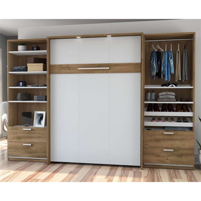 Bestar Cielo Premium 3 Piece Full Wall Bed in Rustic Brown and White