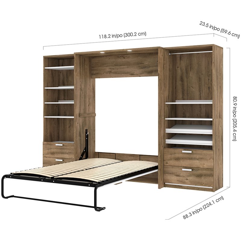 Bestar Cielo Premium 3 Piece Full Wall Bed in Rustic Brown and White