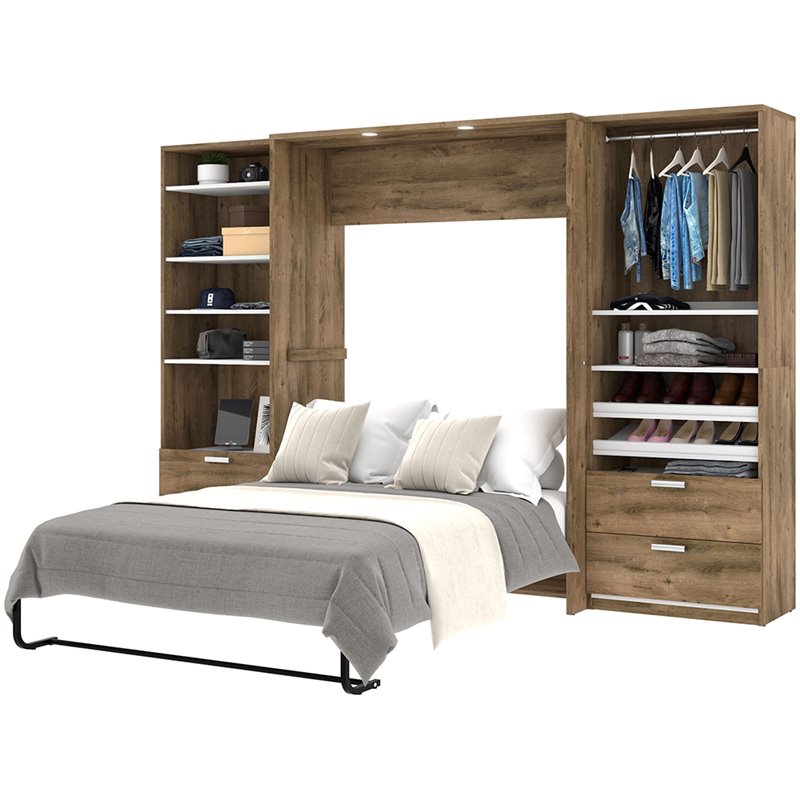 Bestar Cielo Premium 3 Piece Full Wall Bed in Rustic Brown and White