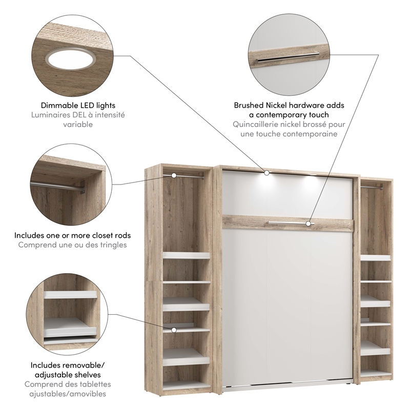 Bestar Cielo Engineered Wood Full Murphy Bed with Narrow Storage in Brown/White