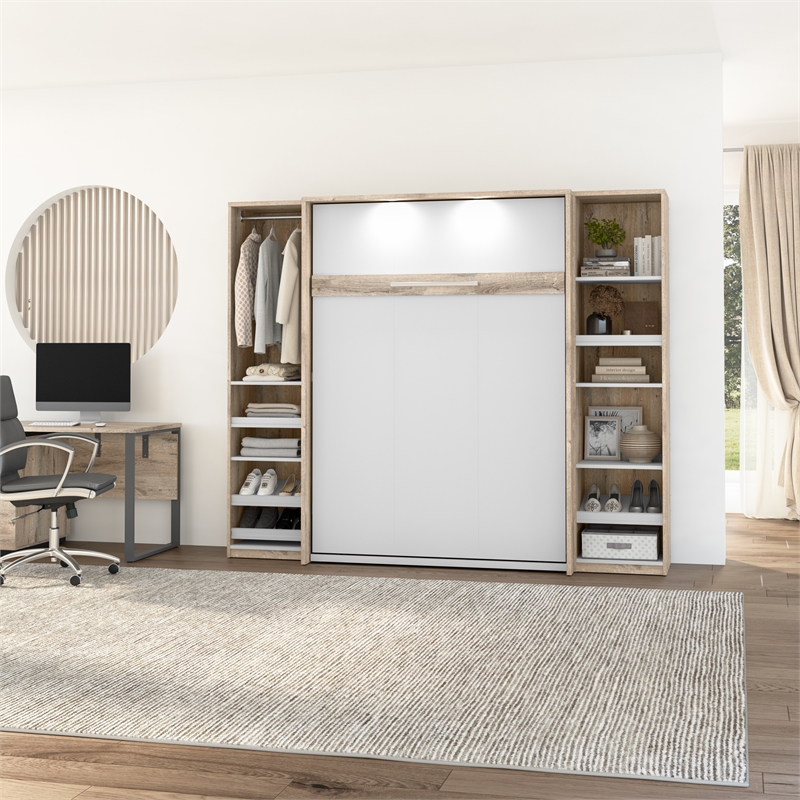 Bestar Cielo Engineered Wood Full Murphy Bed with Narrow Storage in Brown/White