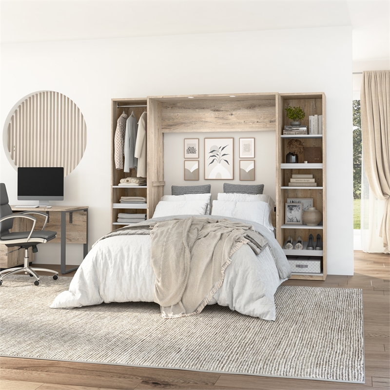 Bestar Cielo Engineered Wood Full Murphy Bed with Narrow Storage in Brown/White