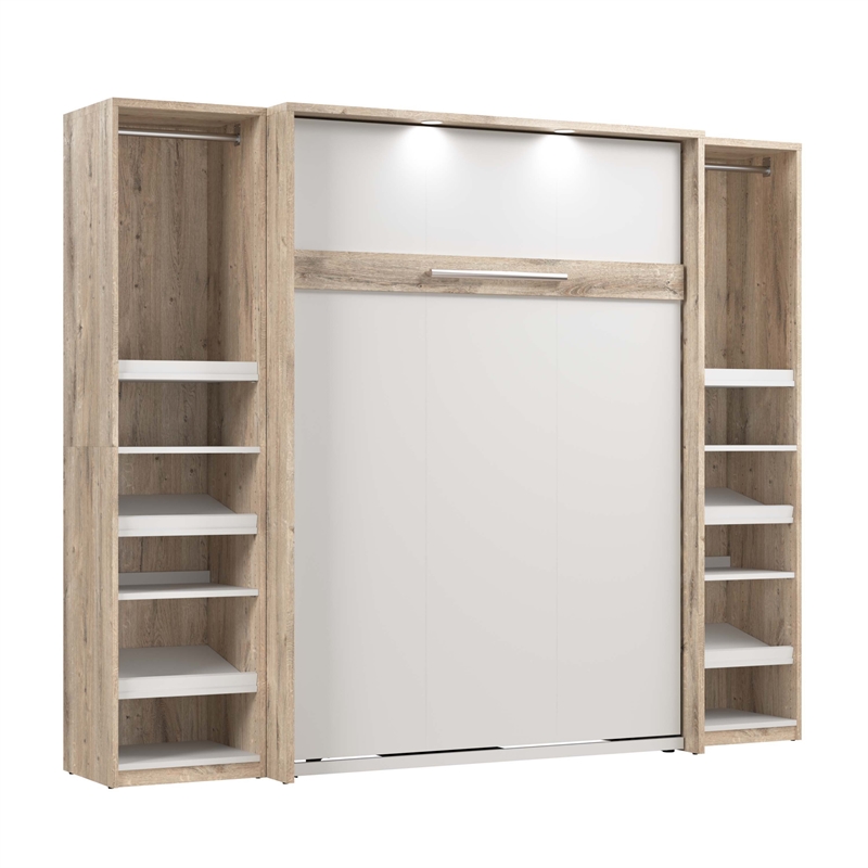 Bestar Cielo Engineered Wood Full Murphy Bed with Narrow Storage in Brown/White
