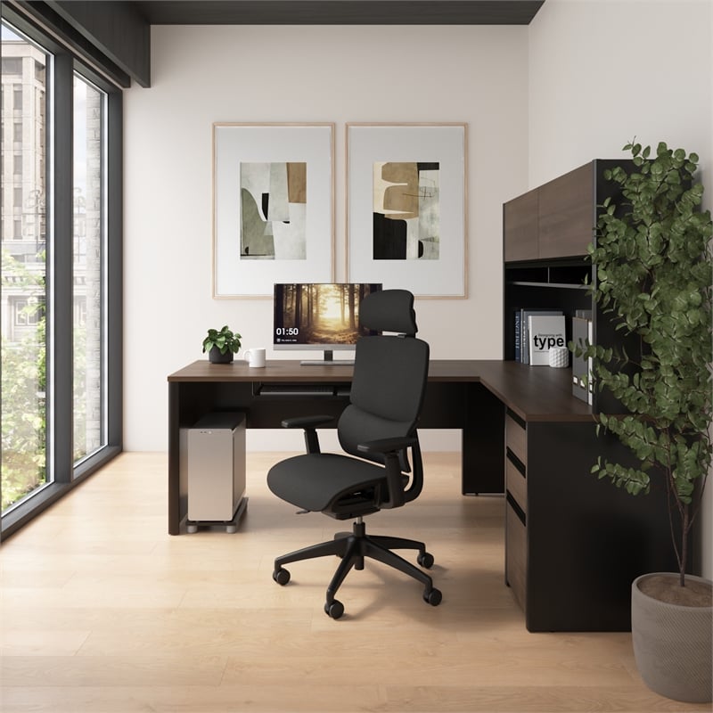 Bestar Connexion Engineered Wood L Shaped Desk with Hutch in Antigua and Black