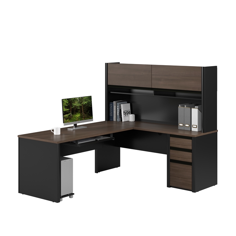 Bestar Connexion Engineered Wood L Shaped Desk with Hutch in Antigua and Black