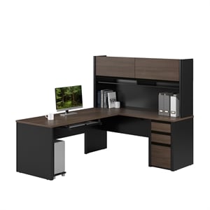 Bestar Connexion Engineered Wood L Shaped Desk with Hutch in Antigua and Black