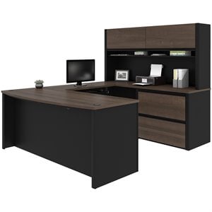 Bestar Connexion 6 Piece U Shaped Computer Desk with Hutch in Antigua and Black