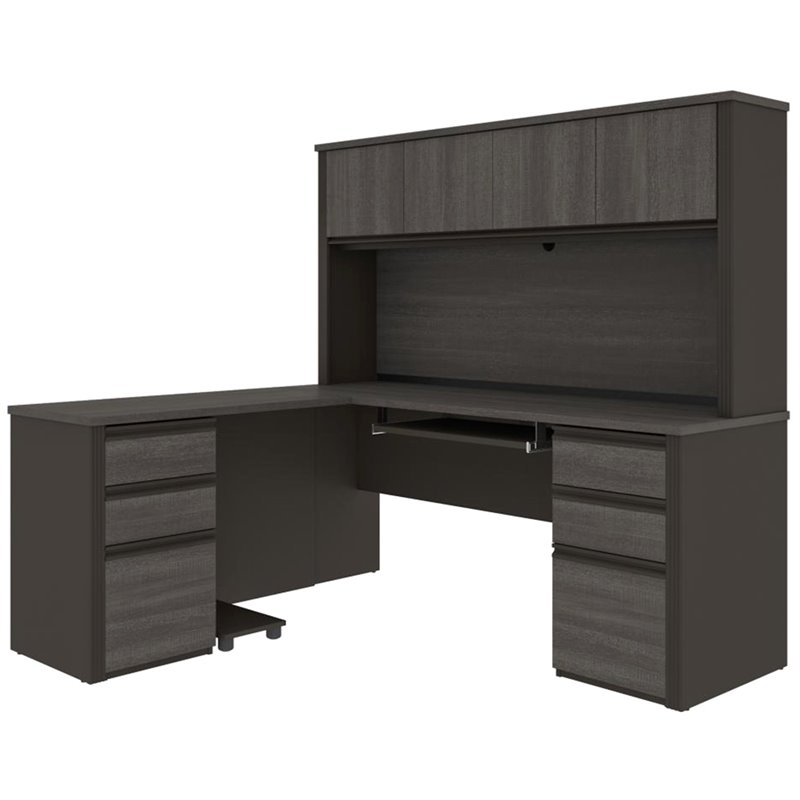 Bestar Prestige Plus 6 Piece L Shaped Computer Desk with Hutch in Bark Gray