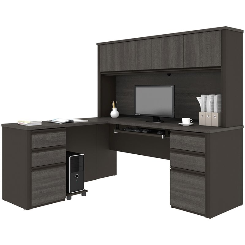 Bestar Prestige Plus 6 Piece L Shaped Computer Desk with Hutch in Bark Gray