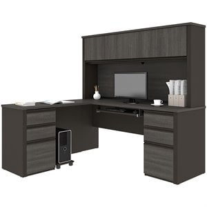 Bestar Prestige Plus 6 Piece L Shaped Computer Desk with Hutch in Bark Gray