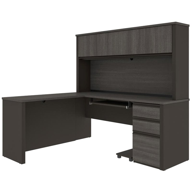 Bestar Prestige Plus 5 Piece L Shaped Computer Desk with Hutch in Bark Gray