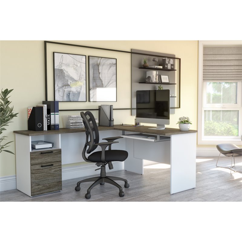 Bestar Norma L Shaped Computer Desk in Walnut Gray and White