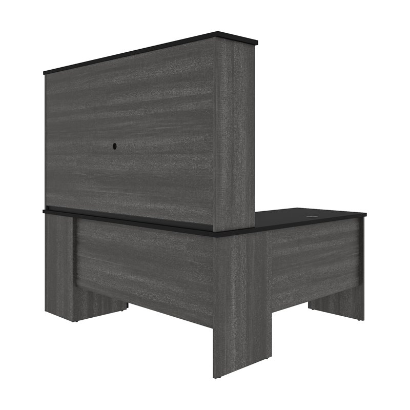 Bestar Norma L Shaped Computer Desk with Hutch in Black and Bark Gray