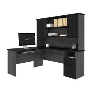 Bestar Norma L Shaped Computer Desk with Hutch in Black and Bark Gray