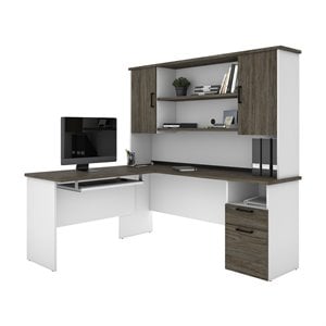 Bestar Norma L Shaped Computer Desk with Hutch in Walnut Gray and White