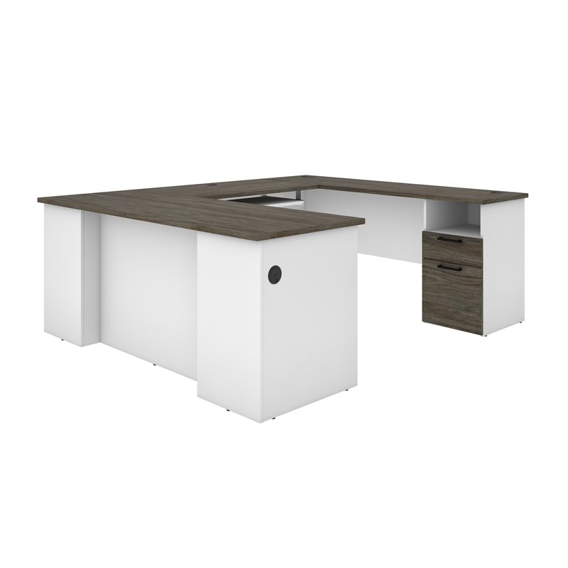 Bestar Norma U Shaped Computer Desk in Walnut Gray and White