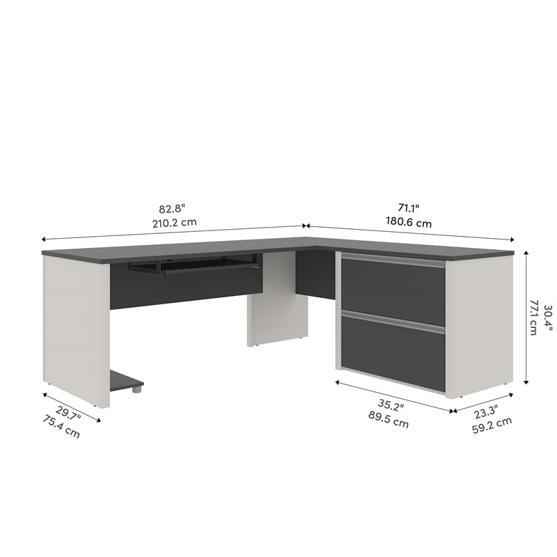 Bestar Connexion L-Shaped Desk with 1 Oversized Pedestal in Sandstone & Slate