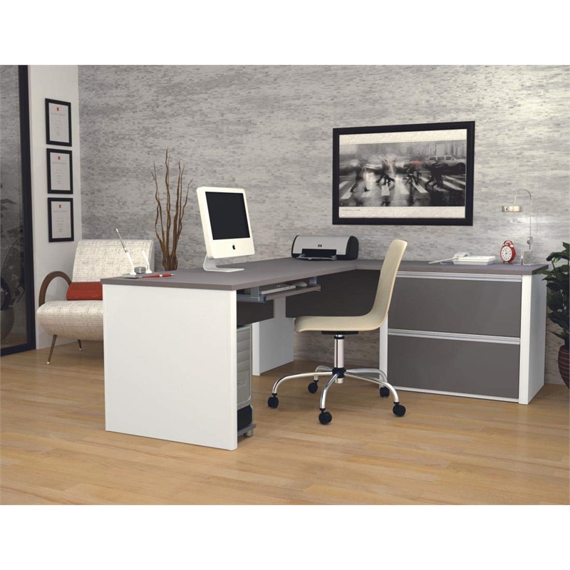 Bestar Connexion L-Shaped Desk with 1 Oversized Pedestal in Sandstone & Slate