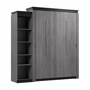 Bestar Orion 85&quot Queen Murphy Bed with Narrow Bookcase in Bark Gray