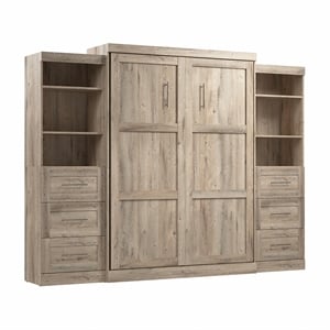 Bestar Pur Queen Murphy Bed and 2 Shelving Units w/Drawers(115W) in Rustic Brown