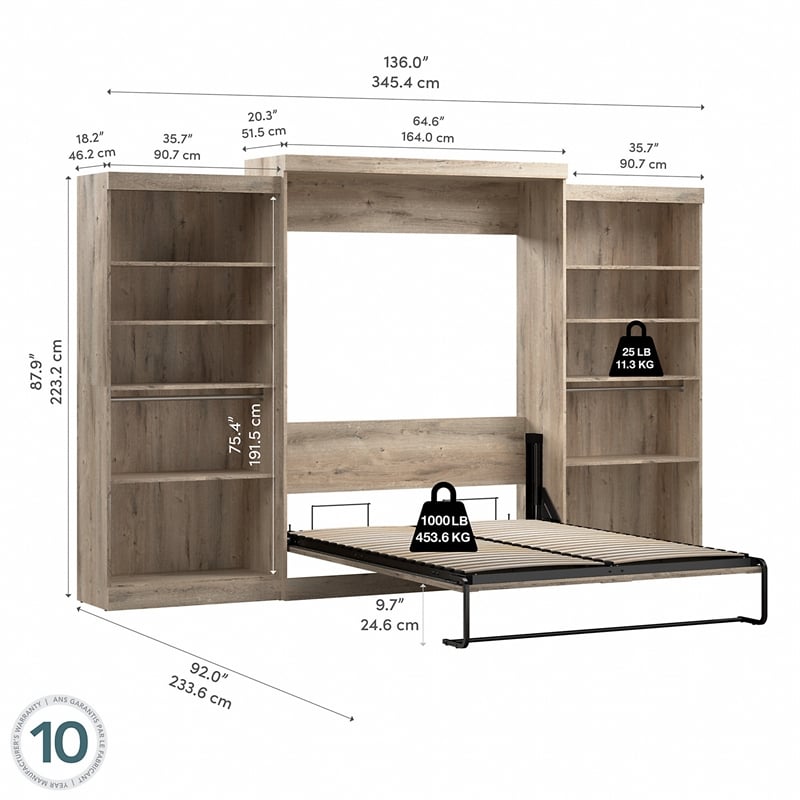 Bestar Pur Queen Murphy Bed with 2 Shelving Units (137W) in Rustic Brown