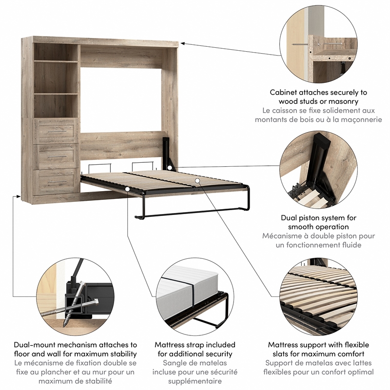 Bestar Pur Full Murphy Bed and Shelving Unit with Drawers (84W) in Rustic Brown