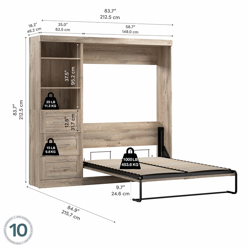 Bestar Pur Full Murphy Bed and Shelving Unit with Drawers (84W) in Rustic Brown