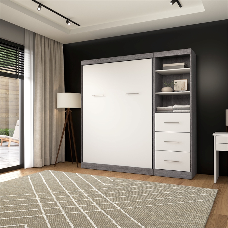 Bestar Nebula Wood Full Murphy Bed and Organizer w/ Drawers in Bark Gray/White