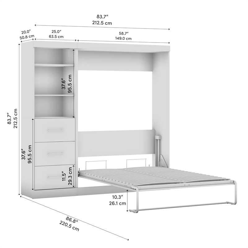 Bestar Nebula Wood Full Murphy Bed and Organizer w/ Drawers in Bark Gray/White