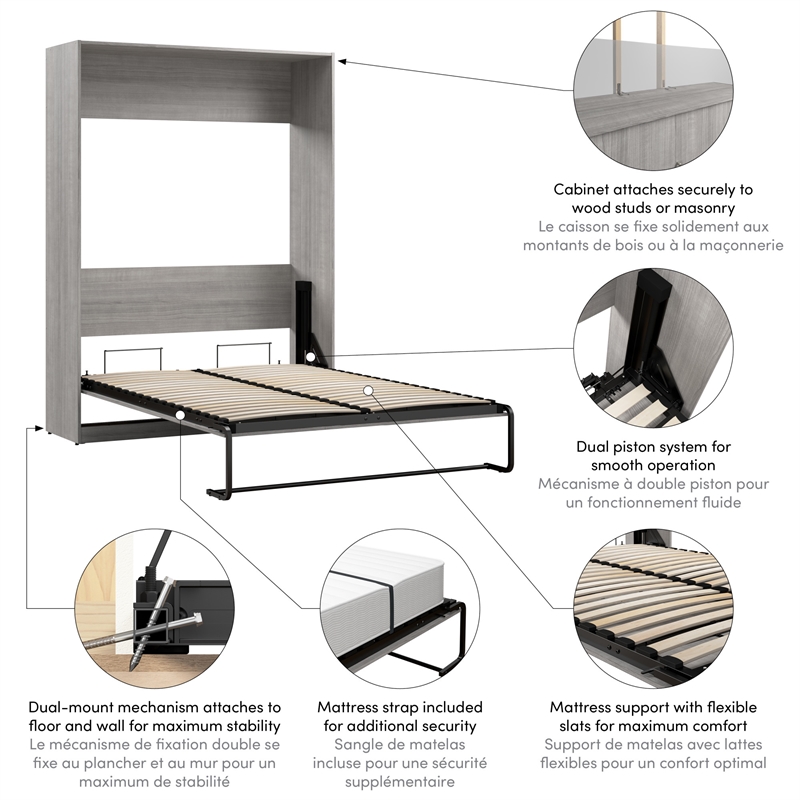 Bestar USA Claremont Contemporary Engineered Wood Full Murphy Bed in Gray