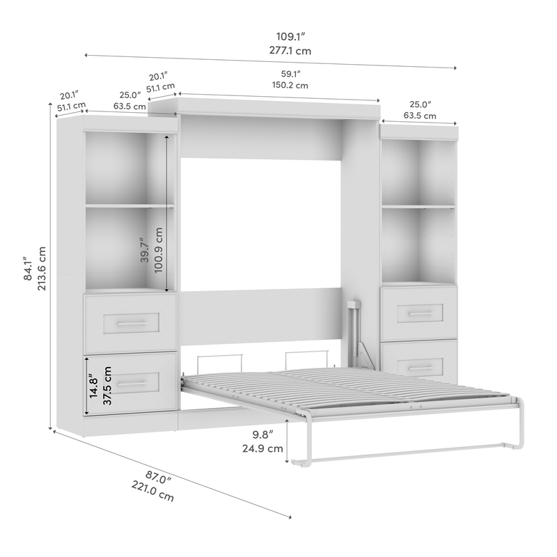 Bestar Edge Full Murphy Bed and Closet Organizers with Drawers (110W) in White