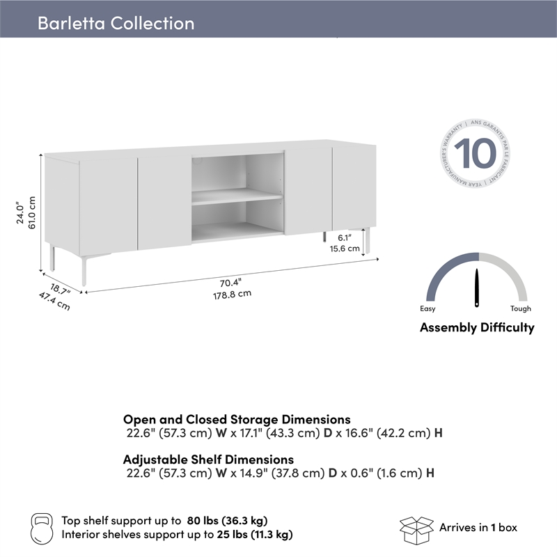 Barletta 71W Modular TV Stand for Entertainment Center - Engineered Wood