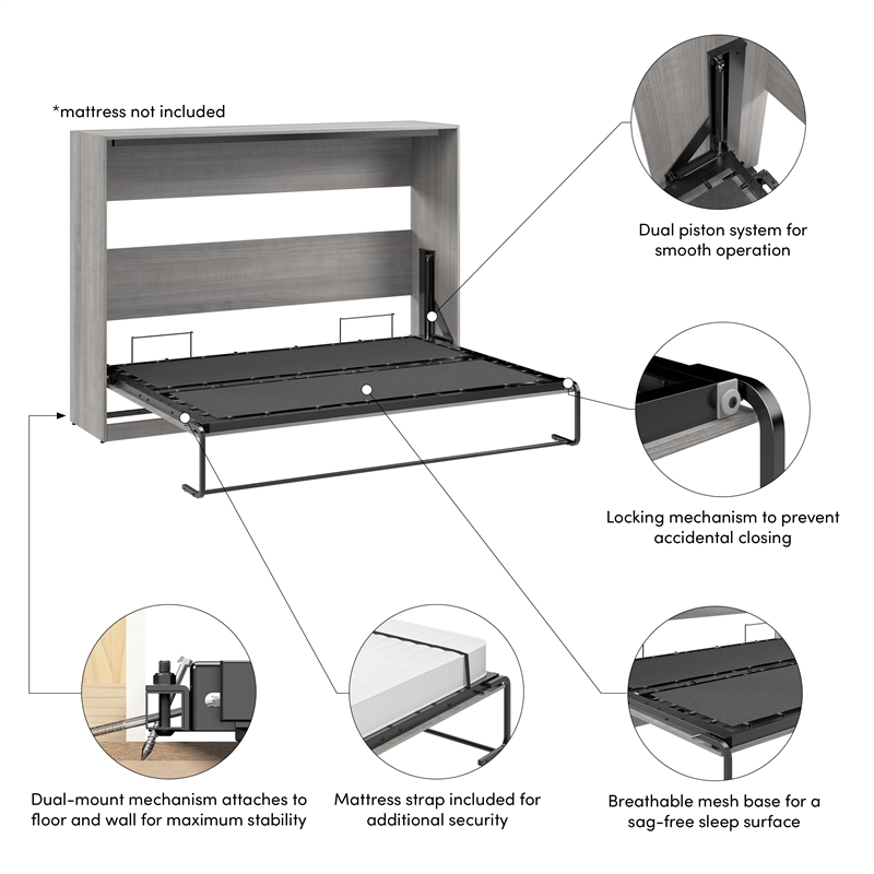 Claremont 80W Full Horizontal Murphy Bed - Engineered Wood