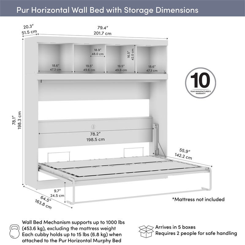 Pur 80W Full Horizontal Murphy Bed with Overhead Storage - Engineered Wood
