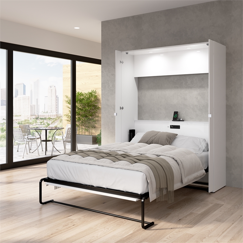 Avalon 61W Full Murphy Bed in High-Gloss White - Engineered Wood