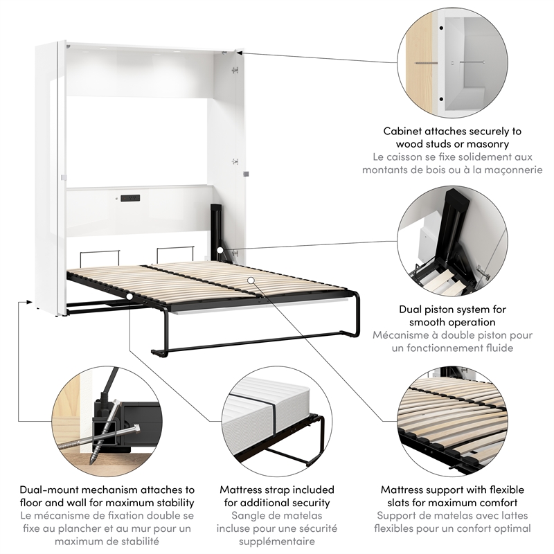 Avalon 61W Full Murphy Bed in High-Gloss White - Engineered Wood