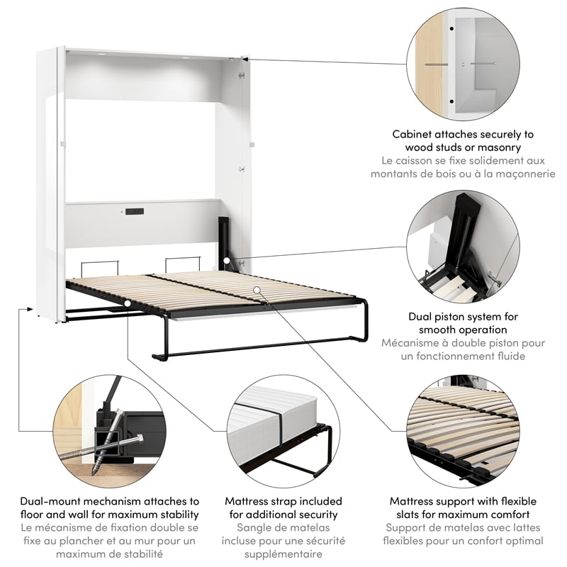 Avalon 67W Queen Murphy Bed in High-Gloss White - Engineered Wood