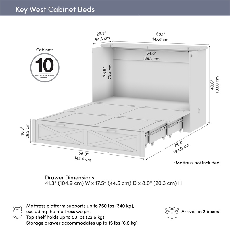 Key West 59W Full Murphy Cabinet Bed with Pullout Drawer - Engineered Wood