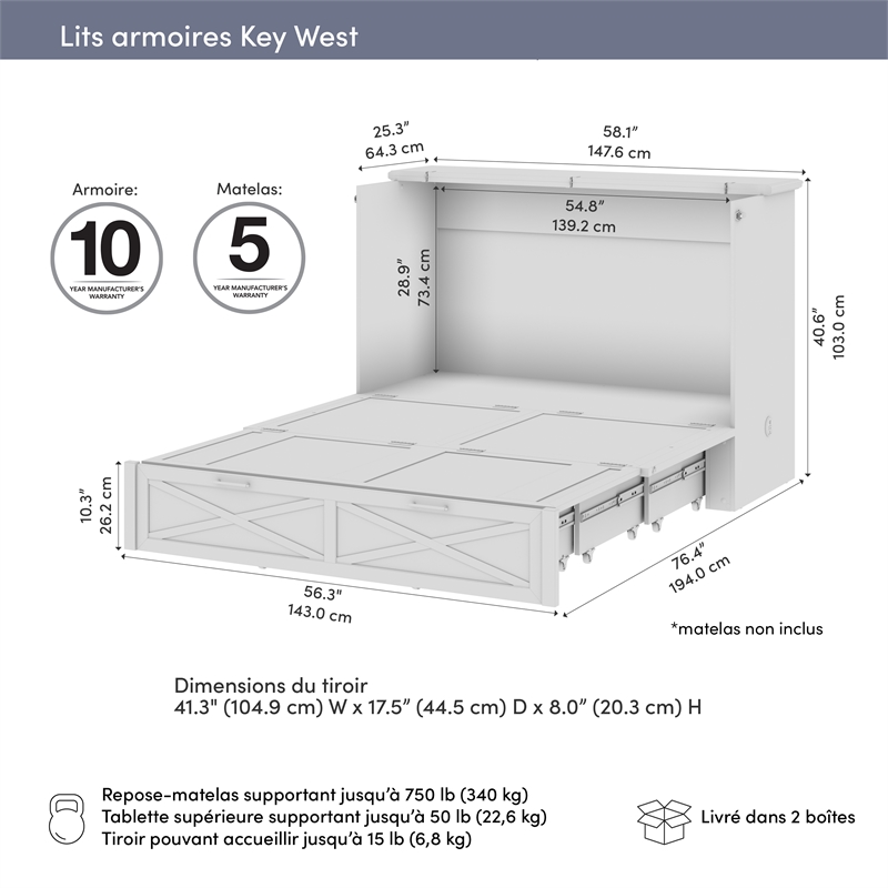 Key West 59W Full Murphy Cabinet Bed with Pullout Drawer - Engineered Wood
