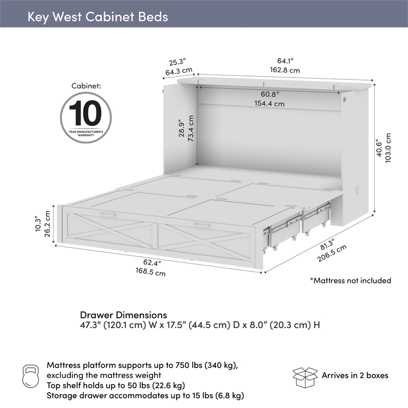 Key West 65W Queen Murphy Cabinet Bed with Pullout Drawer - Engineered Wood