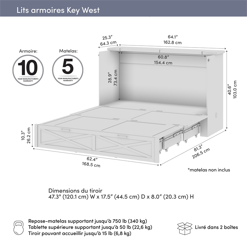 Key West 65W Queen Murphy Cabinet Bed with Pullout Drawer - Engineered Wood