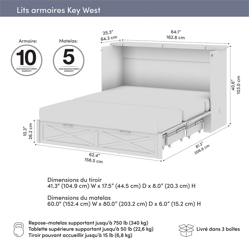 Key West 65W Queen Murphy Cabinet Bed with Drawer Mattress - Engineered Wood